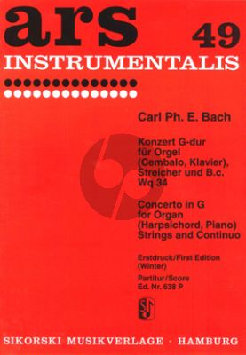 Bach Konzert G-dur WQ 34 Orgel[Cembalo]-Streicher-Bc Partitur (Helmut Winter)