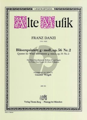 Danzi Quintett g-moll Op. 56 No. 2 für Flöte, Oboe, Klarinette (B), Horn (F) und Fagott (Stimmen) (Gunther Weigelt)