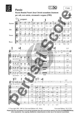 Part Passio Domini nostri Jesu Christi Secundum Joannem (1982) for Soloists, Mixed Choir (SATB), Instrumental Quartet and Organ Chorpartitur (Latin)