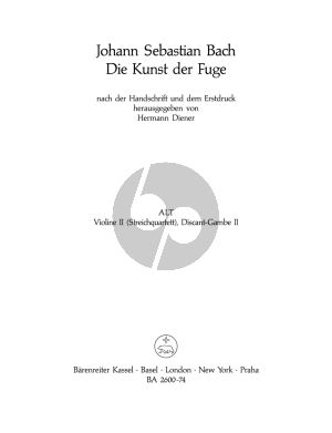 Bach Kunst der Fugue BWV 1080 (Vi.2 /Diskant-Gambe 2) (edited by Hermann Diener) (Barenreiter)