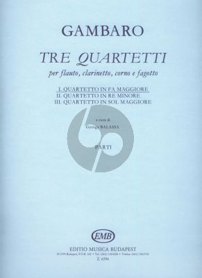 Gambaro Quartet No.1 F-major Flute-Clarinet in Bb-Horn in F-Bassoon (Parts) (György Balassa)