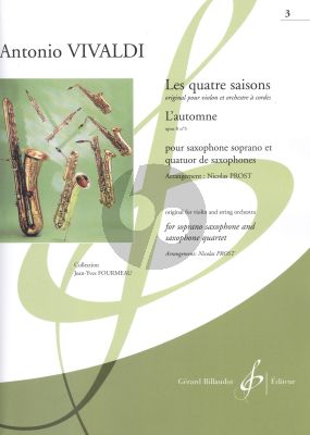 Vivaldi Les quatre saisons - L'Automne Op.8 No.3 Soprano Saxophone and Saxophone Quartet (Score/Parts) (transcr. Nicolas Prost)
