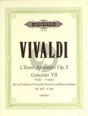 Vivaldi Concerto in F major Op.3 No.7 RV 567 (PV 249) (L'Estro Armonico) 4 Violins, Cello, Strings and Bc Fullscore (Edited by Lorenz Stolzenbach and Karl Heller) (Peters - Urtext)