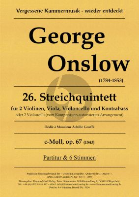Onslow Streich Quintett No.26 Op.67 (1844) c-Moll 2 Vi, Va, Vc und Kb (oder 2 Vc) Partituur und Stimmen