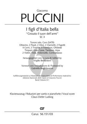 Puccini I figli d'Italia bella "Cessato il suon dell'armi" SC 3, 1877 Tenor solo-SATB and Orchestra (Vocal Score) (edited by Virgilio Bernardoni)
