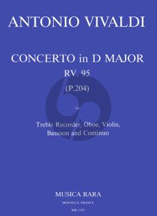 Vivaldi Concerto D-major RV 95 (P.204) (La Pastorella) (Treble Recorder-Oboe-Violin-Bassoon- Bc) (Score/Parts) (Nikolaus Delius)