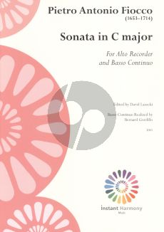 Fiocco Sonata C Major Treble Recorder and Bc (Edited by David Lasocki) (Basso Continuo by Bernard Gordillo)