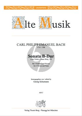 Bach Sonate B dur WQ 158 2 Violinen und Bc (Part/Stimmen) (Georg Schumann)