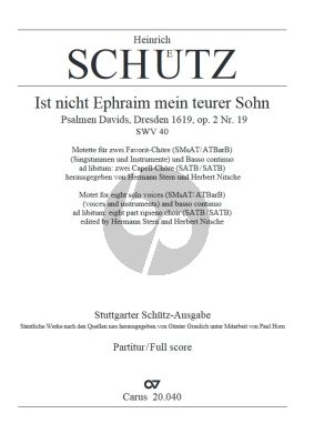 Schutz Ist nicht Ephraim mein teurer Sohn SWV 40 (SMezT, SMezAT, AT, ATBarB), kapelkoor (SATB, SATB) und Bc Partitur (Aus Psalmen Davids)