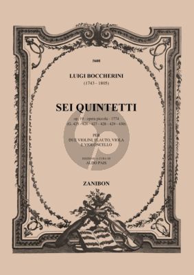 Boccherini 6 Quintets Op. 19 Opera Piccola G 425 - 430 Flute-2 Violins-Viola and Violoncello (Parts) (Aldo Pais)