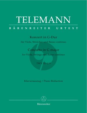 Telemann Concerto G-major TWV 51:G9 for Viola-Strings and Bc Edition for Viola and Piano (Edited by Wolfgang Hirschmann) (Barenreiter Urtext)