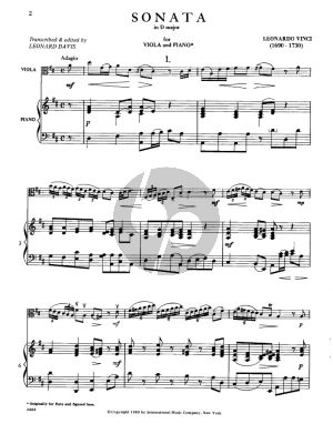 Vinci Sonata D major (original for Flute) Transcribed for Viola and Piano (Transcribed and Edited by Leonard Davis)