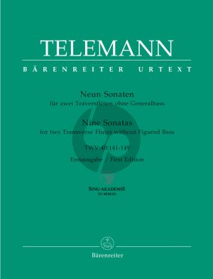 Telemann 9 Sonatas TWV 40: 141-149 for 2 Flutes without Bass (Edited by Ralph-Jürgen Reipsch - First Edition) (Barenreiter-Urtext)