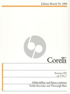Corelli Sonate III Op.5 No.7 g-Moll Altblockflote und Bc (herausgegeven von Gerhard Braun)