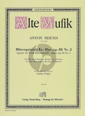 Reicha Quintett Es-dur Op.88 No.2 für Flöte, Oboe, Klarinette (B), Horn (Es) und Fagott (Stimmen) (Gunther Weigelt)