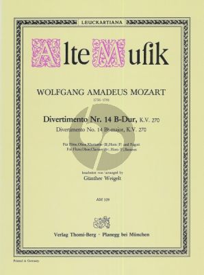 Mozart Divertimento No.14 KV 270 B-dur Flöte, Oboe, Klarinette (B), Horn (F) und Fagott (Stimmen) (Günter Weigelt)