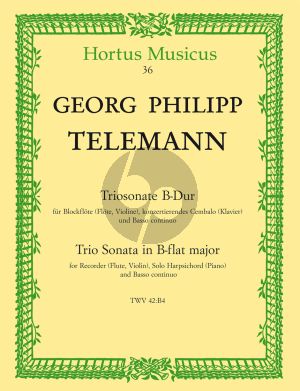 Telemann Triosonate B dur TWV 42:B4 fur Altblockflote [Flote/Violine], Konzertierendes Cembalo [Klavier] und Bc (Herausgeber Manfred Ruetz)