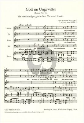 Schubert Gott im Ungewitter D.985 Op.Posth. 112 No.1 Fur SATB und Klavier (Du Schrecklicher, wer kann vor dir und Deinem Donner stehn?) (Text Johann Peter Uz)