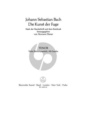 Bach Kunst der Fugue BWV 1080 (Viola/Alt-Gambe) (edited by Hermann Diener) (Barenreiter)