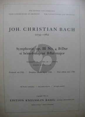 Bach Symphonie B-dur Op.3 / 4 Kammerorchester Partitur (Fritz Kneusslin)