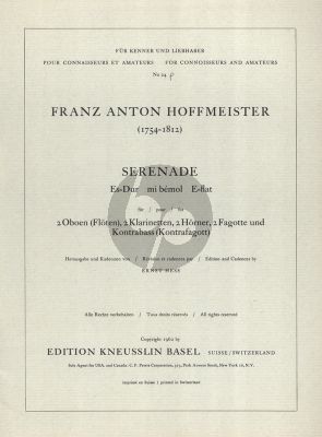 Hoffmeister Serenade Es-dur 2 Oboen / Flöte, 2 Klarinetten, 2 Hörner, 2 Fagotte Kontrabass (Partitur) (Ernst Hess)