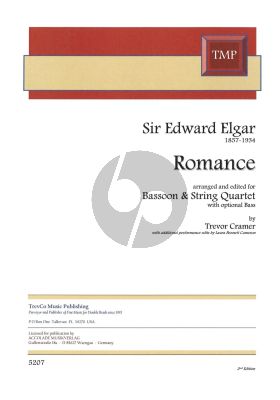 Elgar Romanze Op. 62 Bassoon and String Quartet (bass opt.) (Score/Parts) (transcr. Trevor Cramer)