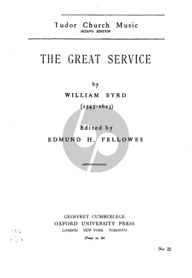Byrd The Great Service SATB (Div) (Fellowes) (Tudor Church Music No.22) (Archive Edition)
