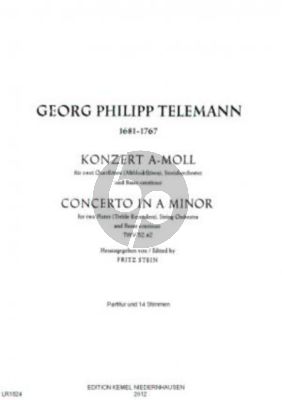 Telemann Konzert a-moll TWV 52:a2 fur 2 Querflöten [Altblockflöten], Streichorchester und Bc Partitur und Stimmen (Herausgegeben von Fritz Stein)
