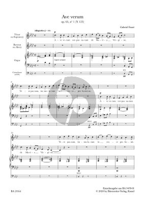Faure Ave verum Op. 65/1 N 123 Soprano solo or Alto solo (or Female choir voices (2) or Tenor solo, Baritone solo, Organ, Double bass ad libitum