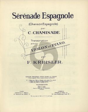Chaminade Serenade Espagnole Violin-Piano (arranged by Fritz Kreisler)