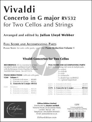 Vivaldi Concerto in G-Major RV 532 for 2 Violoncellos and Orchestra Score and Parts (arranged and edited by Julian Lloyd Webber) (Grades 6–8)