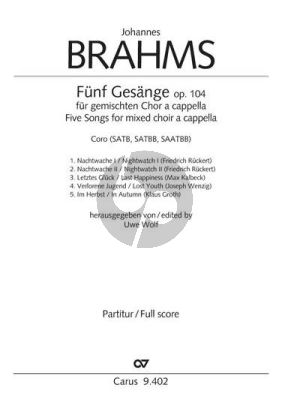 Brahms Fünf Gesänge für gemischten Chor a cappella Op.104 Chorpartitur (SATB, SATBB, SAATBB (dt./engl.) (Uwe Wolf)