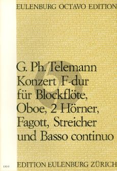 tELEMANN Konzert F-dur TWV 54:F1 Blockflöte-Oboe-2 Hörner-Fagott-Streicher-Bc Partitur (Felix Schroeder)