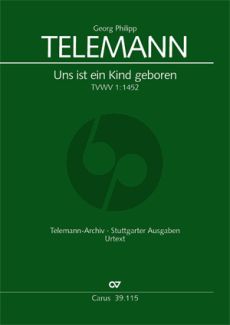 Telemann Uns ist ein Kind geboren TWV1:1452 soli SSATB, Coro SATB, 2 Fl, 2Ob, 2Vl, Va, Bc Partitur (Klaus Hofmann)