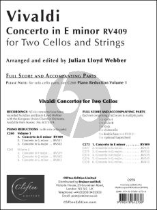 Vivaldi Concerto e-minor RV 409 for 2 Violoncellos, Strings and Bc Score and Parts (edited by Julian Lloyd-Webber)