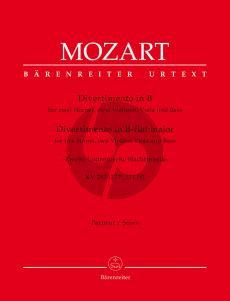Mozart Divertimento B-flat major KV 287 (271b, 271 H) "Zweite Lodronische Nachtmusik" for 2 Horns, 2 Violins, Viola and Bass (Score) (Albert Dunning)