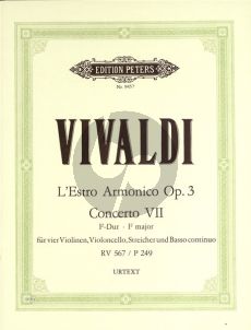 Vivaldi Concerto in F major Op.3 No.7 RV 567 (PV 249) (L'Estro Armonico) 4 Violins, Cello, Strings and Bc Fullscore (Edited by Lorenz Stolzenbach and Karl Heller) (Peters - Urtext)