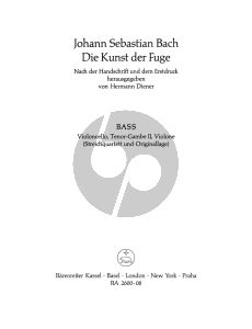 Bach Kunst der Fugue BWV 1080 (Vc./Tenor-Gambe 2 / Violone) (edited by Hermann Diener) (Barenreiter)