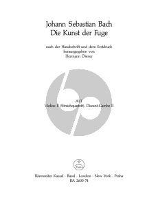 Bach Kunst der Fugue BWV 1080 (Vi.2 /Diskant-Gambe 2) (edited by Hermann Diener) (Barenreiter)
