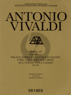 Vivaldi Beatus Vir (Psalm 111) RV 598 (SSA soli-SATB- 2 Vi.-Va.-Basso) Score (Talbot)
