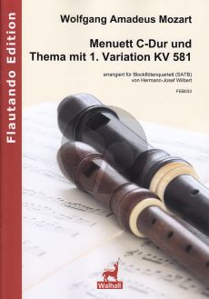 Mozart Menuett C-Dur und Thema mit 1. Variation KV 581 4 Blockflöten (SATB) (Part./Stimmen) (arr. Hermann-Josef Wilbert)